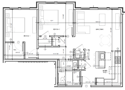 Floor plan for 2 beds, 1 bath, 888 sqft